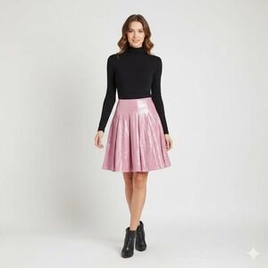 Lisa Ho Pink Metallic Pleated Midi Skirt Womens 2 Pink Party Evening Wear Shiny